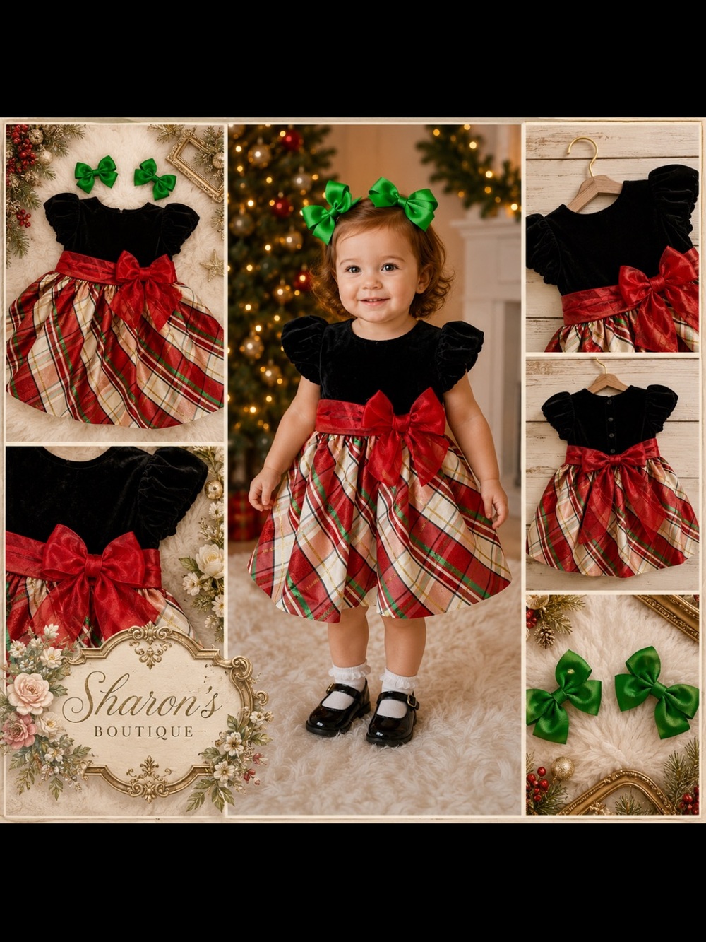 Bonnie Baby Black, Red & Green Holiday Plaid Dress with Bow EUC size 12m